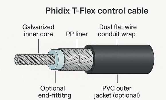 Cross-sectional view of Phidix T-Flex control cable showing galvanized inner core, PP liner, dual flat wire conduit wrap, and optional PVC outer jacket