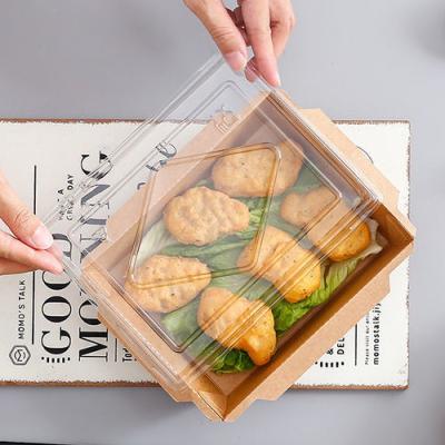 China 500ml 600ml Kraft Paper Tray Sushi Food Box 300gsm Disposable Food Containers With Lids for sale