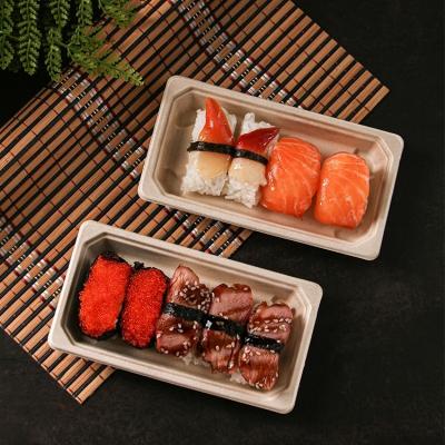 China 11g Dinnerware Fast Food Biodegradable Bagasse Tableware Sushi Tray With Pet Lid for sale