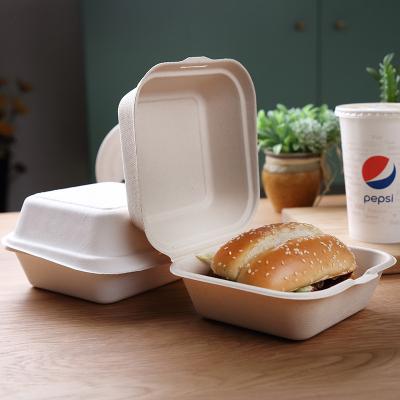 China Nontoxic 21g Biodegradable Bagasse Tableware Pulp Clamshell 6 Inch Bagasse Burger Box for sale