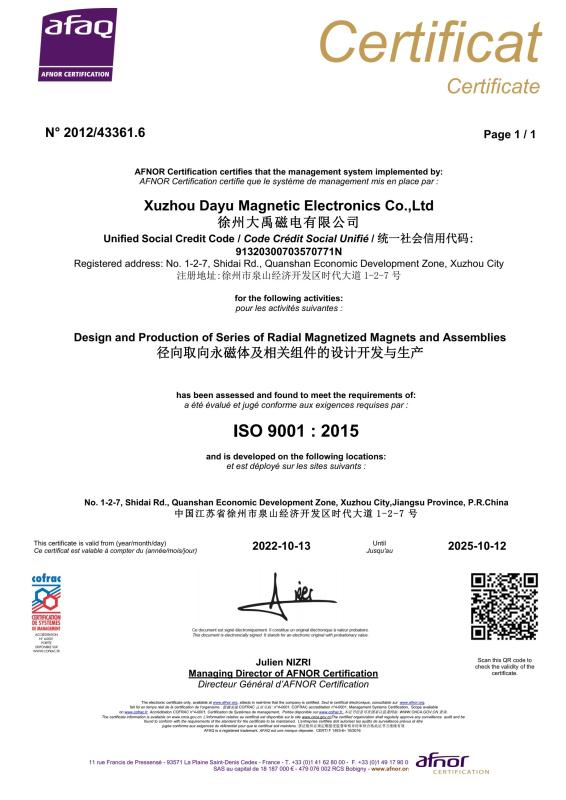 ISO9001:2015 - Chongqing Great Well Magnet Co.,ltd.