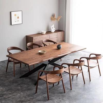 China Mesa de jantar de madeira visual, base de aço inoxidável mesa de pernas cruzadas de madeira à venda
