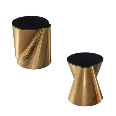 China Titanium Base Black Tempered Glass End Tables , Irregular Gold Stainless Steel Table for sale