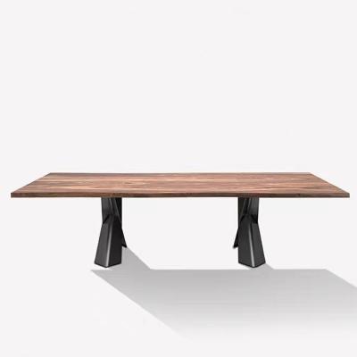 China Stainless Steel Base Industrial Wood Dining Tables Rectangle Rustic  for sale