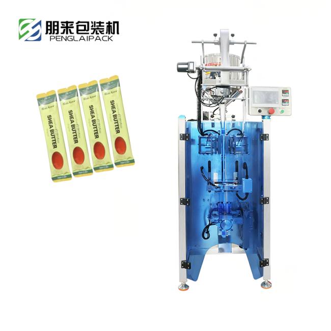Auto packaging machine front view showing control panel and feeding system