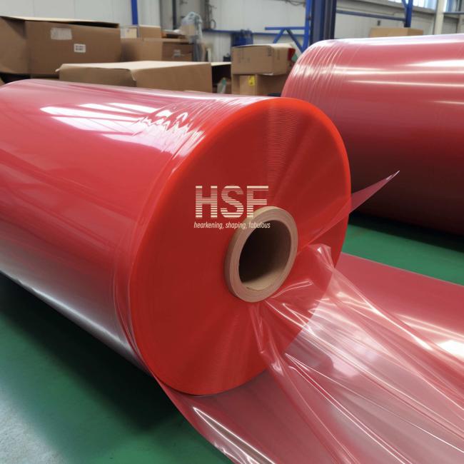 Close-up view of red LDPE film texture and quality