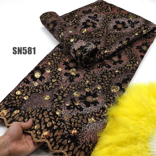 Unique shiny flocking velvet lace with sequins african lace Senegal fabric for party