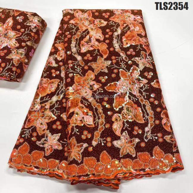Durable velvet lace fabric mixed color flower embroidered with sequins african velvet lace with stones