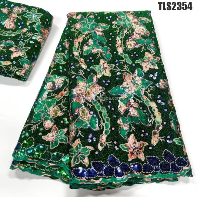 Durable velvet lace fabric mixed color flower embroidered with sequins african velvet lace with stones