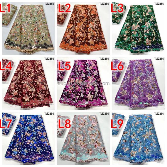 Durable velvet lace fabric mixed color flower embroidered with sequins african velvet lace with stones