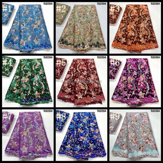 Durable velvet lace fabric mixed color flower embroidered with sequins african velvet lace with stones