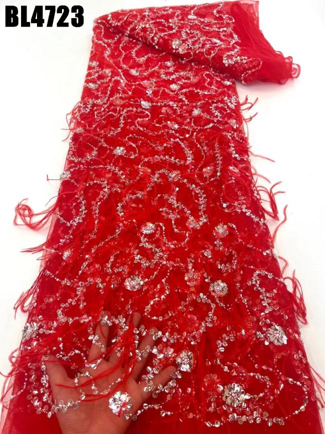 Popular red 3d feathers lace tulle net sequins lace dress french fabric wedding african lace fabric Dubai clothes for party