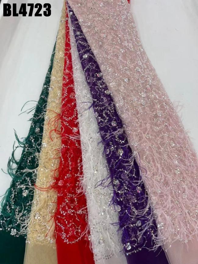 Popular red 3d feathers lace tulle net sequins lace dress french fabric wedding african lace fabric Dubai clothes for party
