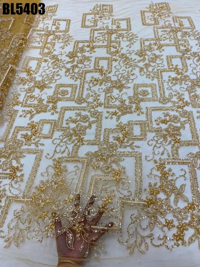 women party dress heavy Handmade embroidery beaded bridal lace fabric white beaded lace fabric for wedding evening dress