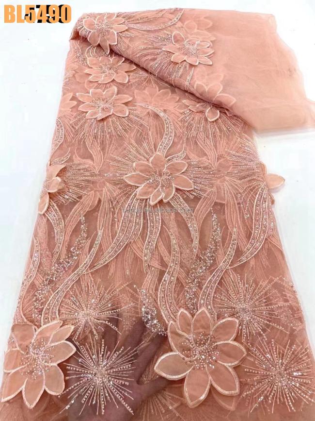 ladies dress 2023 heavy Handmade embroidery beaded bridal lace fabric white beaded lace fabric for wedding evening dress
