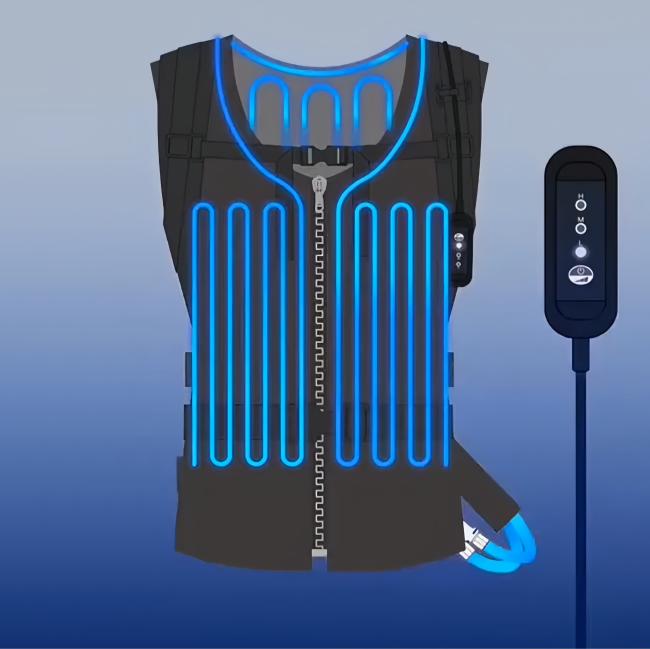 Smart cooling vest with eco friendly design circulating cold water to maintain comfort during physical activity and work