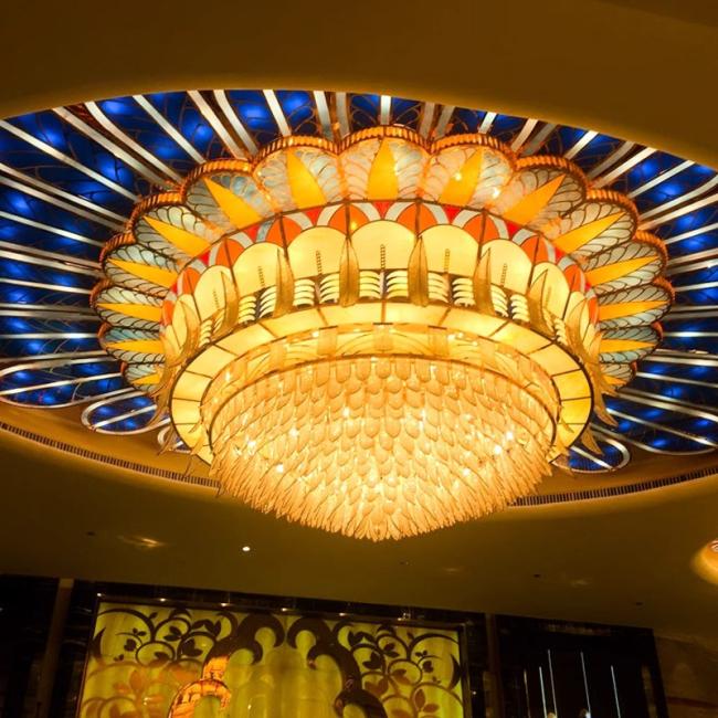 JYLIGHTING custom project luxury crystal glass led chandelier Colored glass feather shape large golden crystal ceiling