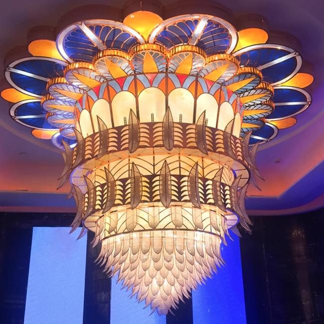 JYLIGHTING custom project luxury crystal glass led chandelier Colored glass feather shape large golden crystal ceiling