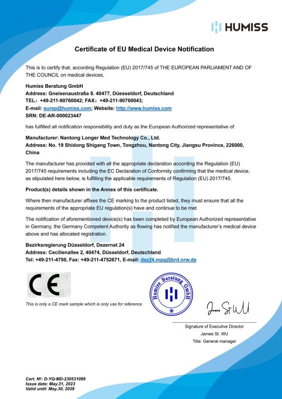 EU Medical Device Notification - Nantong Longer Med Technology Co., Ltd.