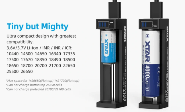 XTAR ANT MC1 Plus battery compatibility chart showing supported battery types and sizes