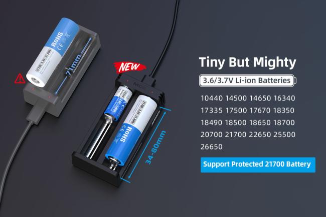 MC2 Charger battery compatibility chart showing supported battery types including 10440, 14500, 18650, and 21700