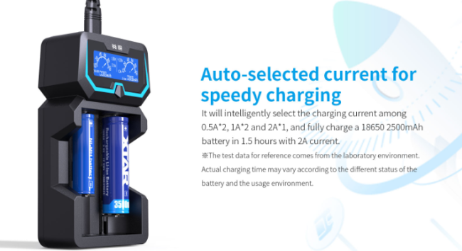 X2 Charger battery compatibility chart showing supported battery types and sizes