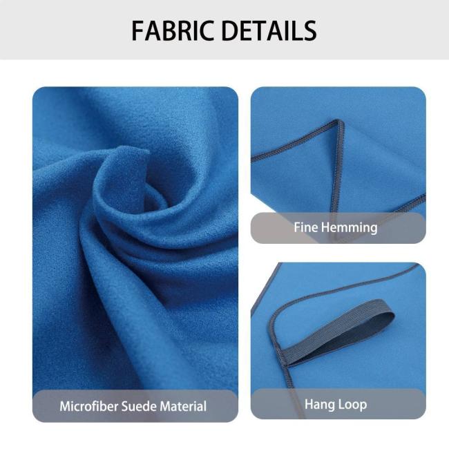 Fine overlock stitching detail of polyester polyamide microfiber towel with hang loop