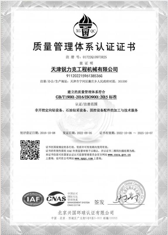 ISO9001 (Chinese) - Tianjin Ruilike Engineering Machinery Co., Ltd.