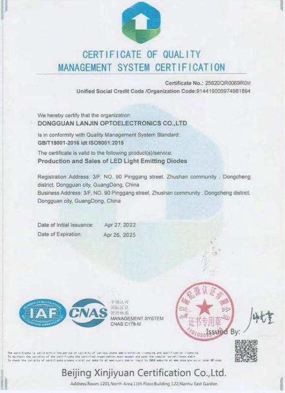 ISO9001:2015 - Dongguan Lanjin Optoelectronics Co., Ltd.