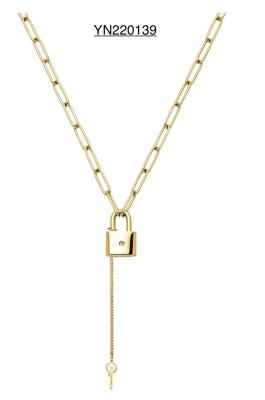 China Love Token Key Lock Necklace K Gold Stainless Steel Long Rhinestone Necklace for sale