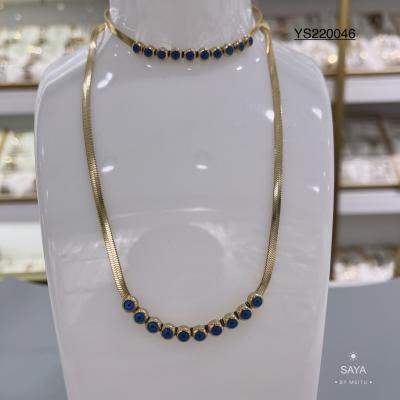 China Party Stainless Steel Gold Chain Necklace Blue Opals Snake Bone Chain Necklace for sale