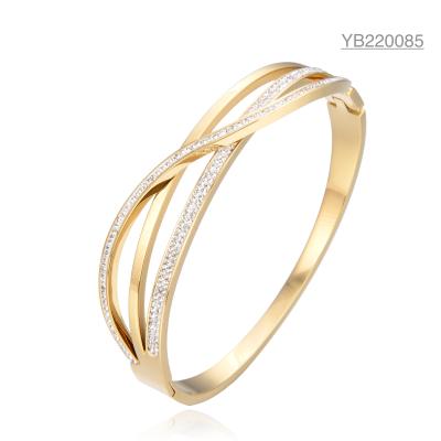 China Stainless 18k Gold Plated Jewelry Triple Overlapping Rhinestone Bangle Bracelet for sale