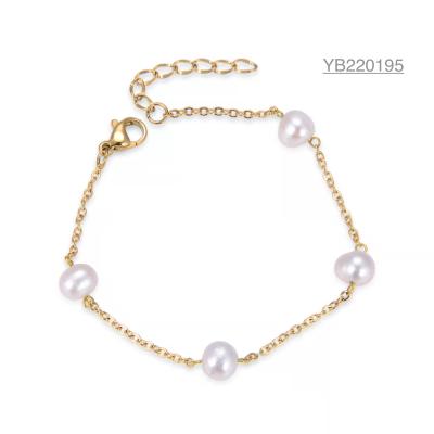 China 20cm 18k Gold Rhinestone Bracelet High Gloss White Pearl Bangles for sale