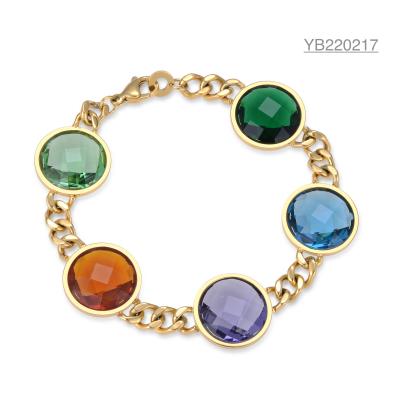 China Five Color Large Rhinestone Stainless Steel Bangle Thick Gold Chain Link Bracelet for sale