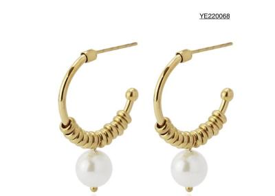 China Everyday Wear Pearl Hoop Earrings 25mm Stainless Steel Drop Earrings for sale