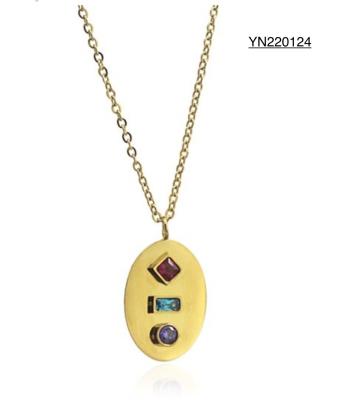 China Trendy 14k CZ Gold Jewelry Tricolor Gemstone Tag Pendant Necklace for sale