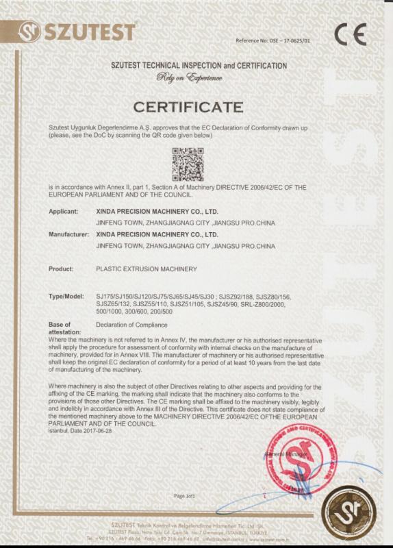 CE Mechanical Certificate - ZHANGJIAGANG SAIJIA MACHINERY TECHNOLOGY CO.,LTD.