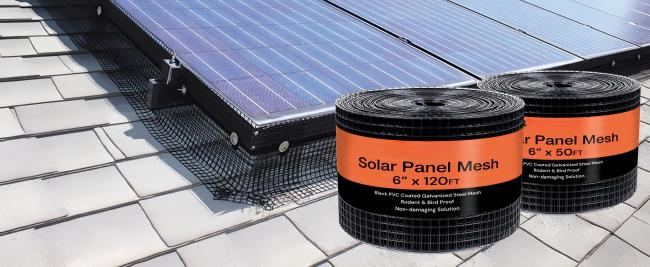 Galvanized steel pigeon proofing mesh with black PVC coating installed on solar panels