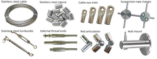 Assortment of stainless steel wire rope mesh components and hardware