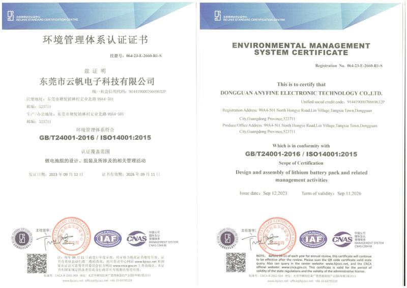 ISO14001 - Shenzhen Yunfan Power Technology Co., Ltd.