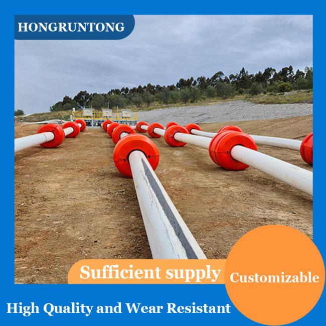 Close-up view of hose float construction and installation