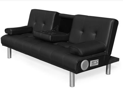 China Sofá-cama dobrável de couro falso de três lugares com porta-copos e alto-falante Bluetooth à venda