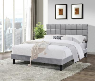 China Grey Fabric King Size Upholstered Bed Frame High Headboard With Small Metal Ball for sale
