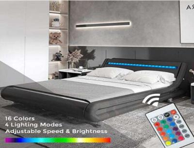 China Black Double Upholstered Bed Linen Fabric Platform Bed With LED Light for sale