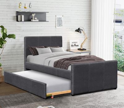 China Dark Grey Linen Wooden Twin Daybed Frame With Extendable Trundle For Bedroom for sale