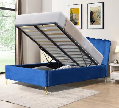 China Blue Velvet Fabric Ottoman Gas Lift Storage Bed With Four Golden Feet for sale