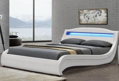 China Double White LED Upholstered Bed Frame With Lights Small Leather Padded Sleigh Bed for sale