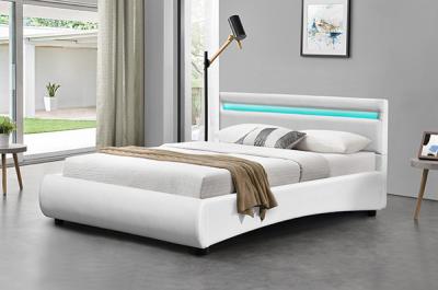 China OEM White Pu Leather Bed Frame With LED Light Curve Shape for sale