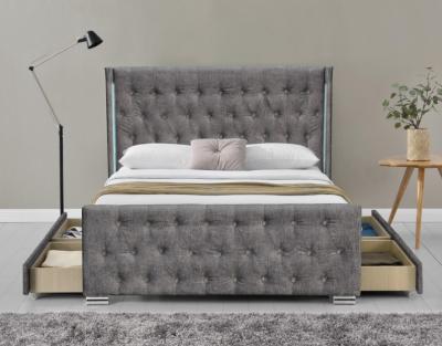 China Wing Back Ottoman Tufted Storage Bed King Size Wood Sliver Grey Crushed Velvet With Headboard for sale