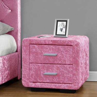 China Pink Crush Fabric Bedside Table Velvet Covered Nightstand With Two Drawers for sale